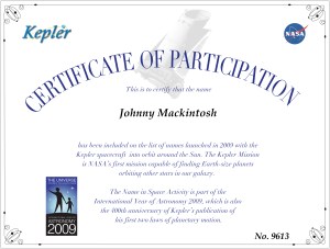 Johnny Mackintosh NASA Kepler certificate